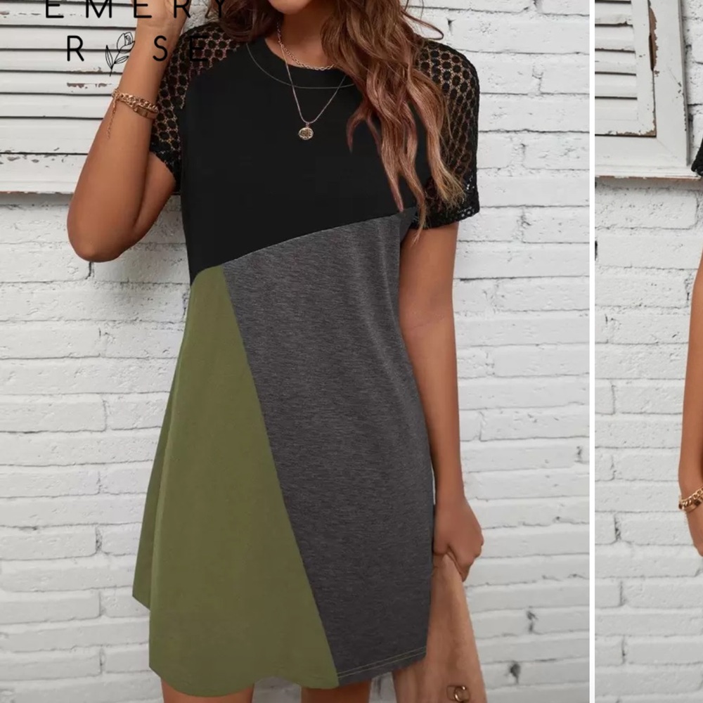 Colorblock Contrast Lace Raglan Sleeve Tee Dress - Black, and Army Green / L
